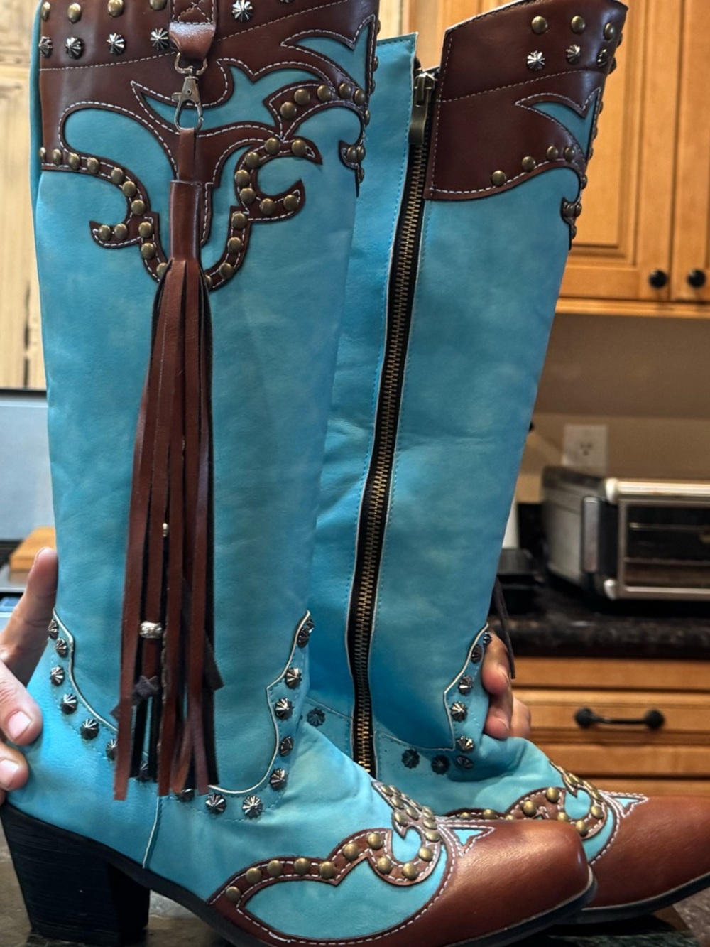 Turquoise and Brown Western Tassel Boots